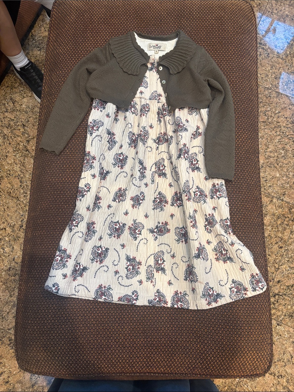 Girls Floral Cream Dress with Olive Knit Bolero